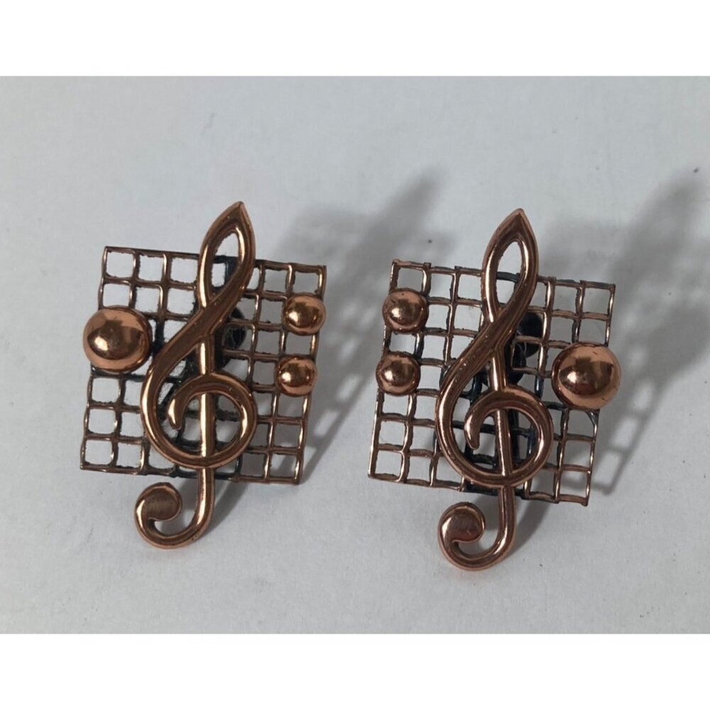 Womens Vintage MCM Renoir Copper G Clef Musical Notes Earrings Screw On 1.5"